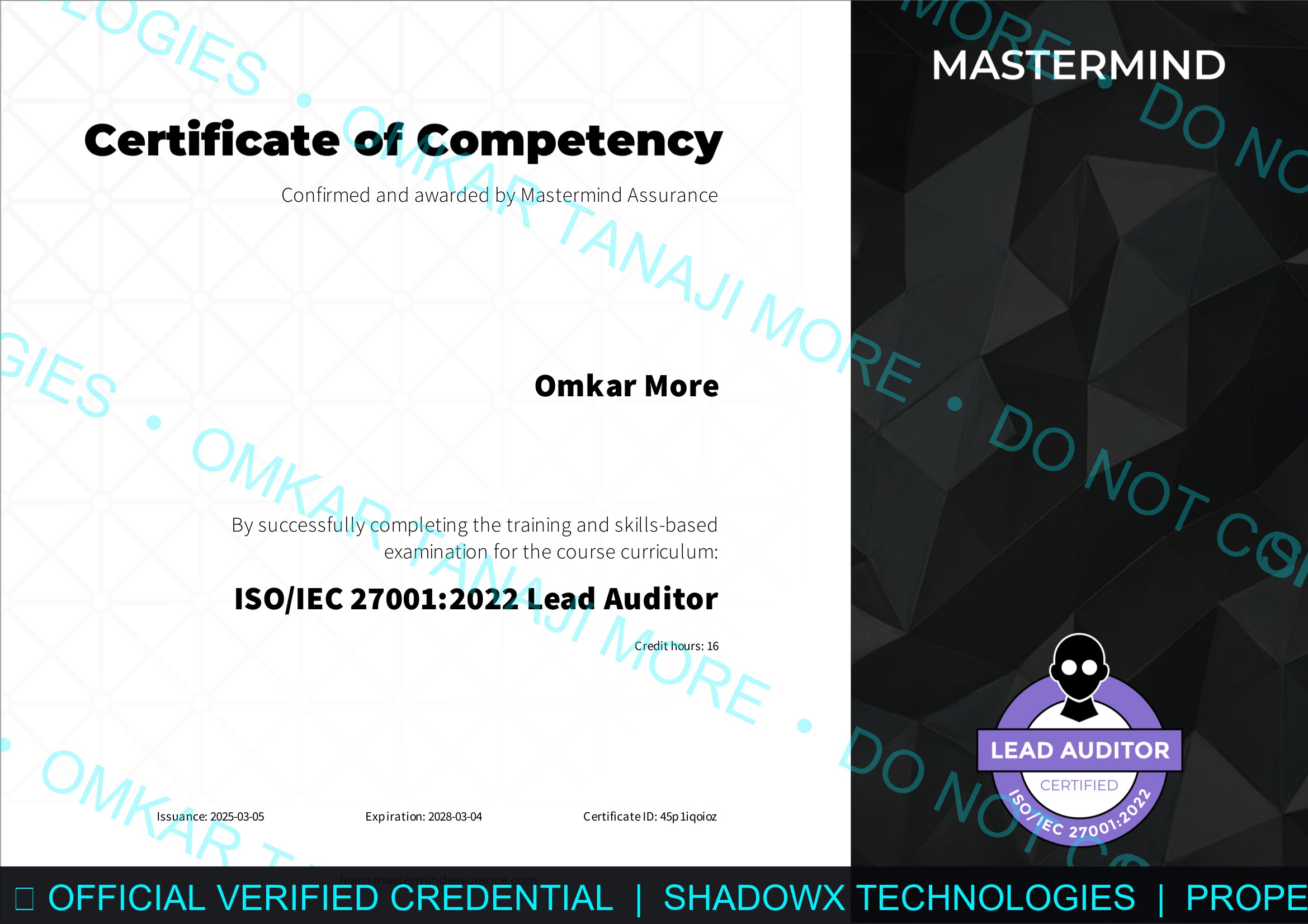 Omkar More ISO/IEC 27001:2022 Lead Auditor Certificate - Mastermind Assurance